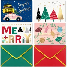 Christmas Cards with Envelopes (Foiled, Red & Green), 24 Gold Foil Holiday Cards