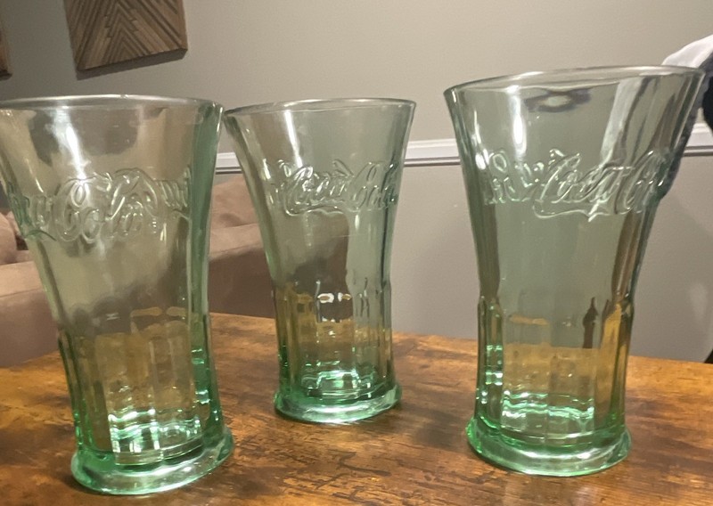 Coca-Cola Set of 3 Embossed Logo Green Glasses Soda 