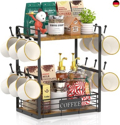 EsLuker.ly 2 Etagen Tassenhalter Stand für Arbeitsplatte, 12 Haken Tassenregal W