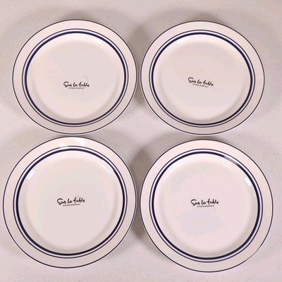 Sur La Table 4 Salad Side Plates Classic Bistro Blue Rim Stripe 8.5'' Inch Set