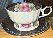Vintage Royal Halsey Fine China Black & Iridescent W Rose Footed Teacup/Saucer