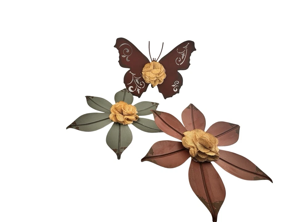 Juego de 3 de metal con arpillera para decoración del hogar de pared con flores y mariposas Foto 2 de 4