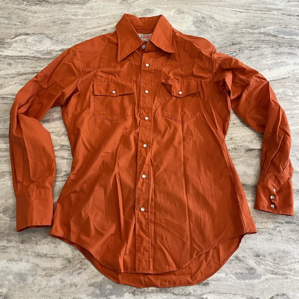 Camisa a Presión Vintage Bronco Western Pearl Yugo Naranja EE. UU. AÑOS 70 80 Para Hombre Mediana Foto 4 de 4