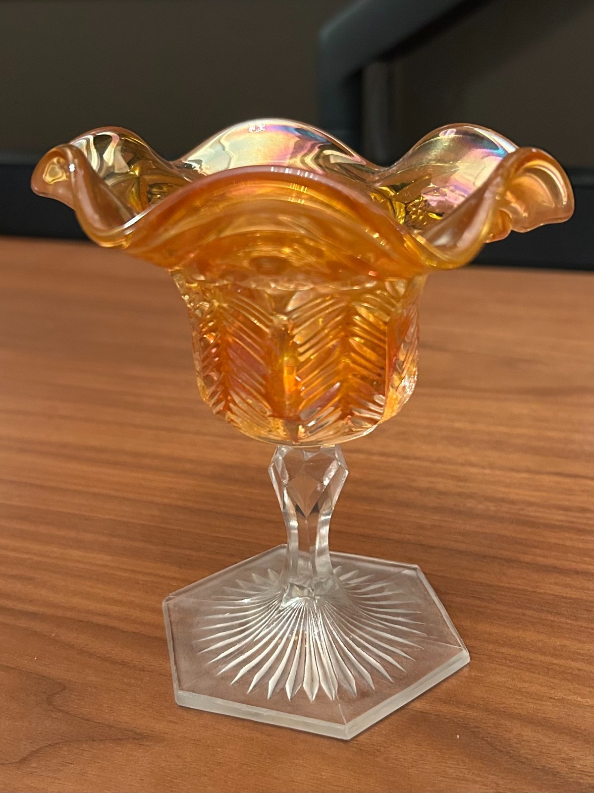 Scalloped Ruffled Rim Imperial Marigold Antique Glass Compote, 5