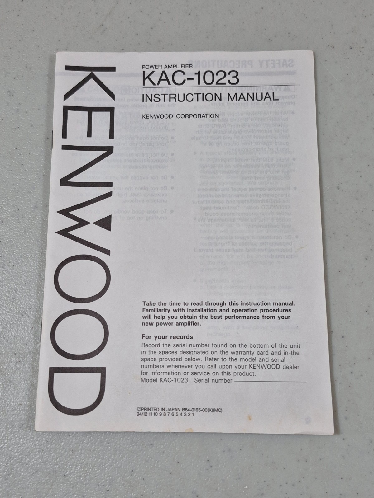 Kenwood KAC-1023 Amplifier Instruction Operation Booklet Manual, 1994