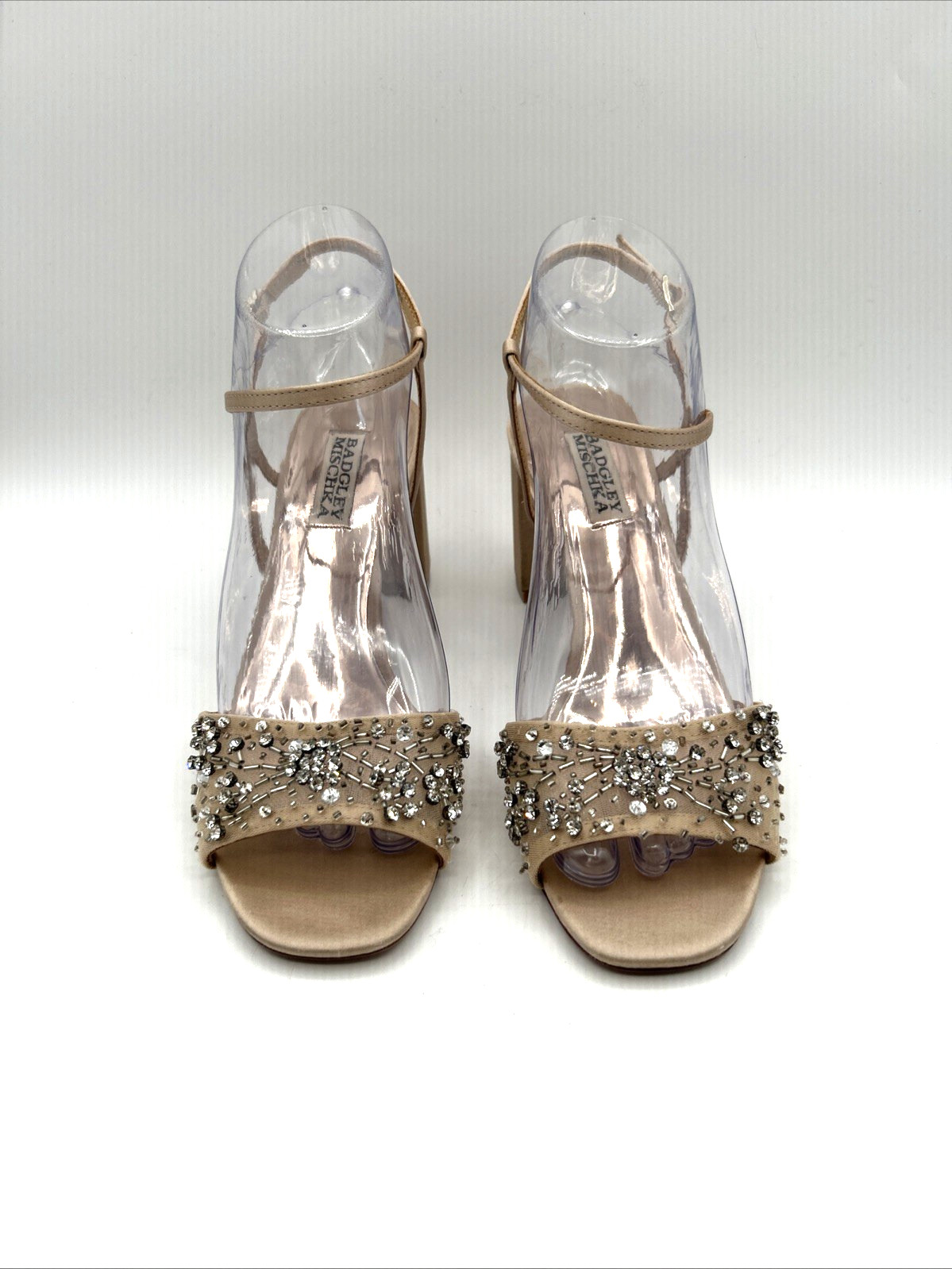 Badgley Mischka Blaine Heeled Sandal Women Size 7 Champagne Satin Crystal Block