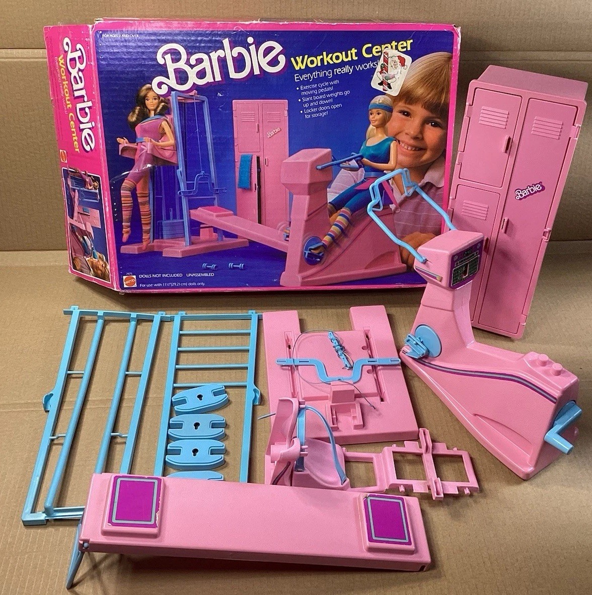 Vintage Mattel 1984 Barbie Workout Center Locker, Cycle, Weights