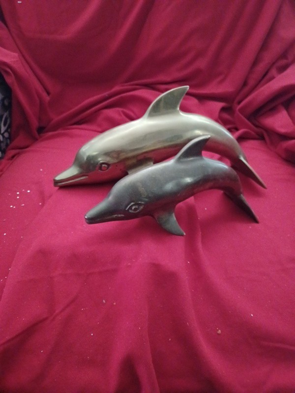 Large Vintage Solid Brass 12” Dolphin 8" Baby Dolphin Pair Sculpture Statue