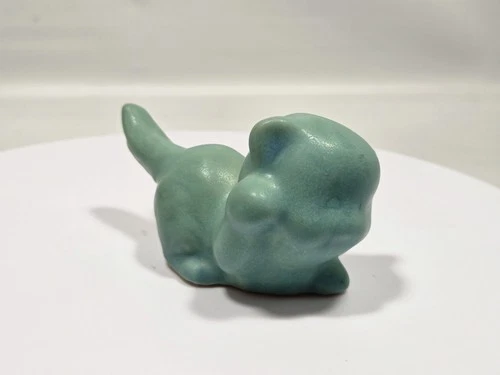 VAN BRIGGLE Pottery Ming Blue Turquoise Playful Kitty Cat KITTEN Figurine 4.5"