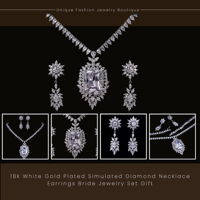 18k White Gold Plated Simulated Diamond Necklace Earrings Bride Jewelry Set Gift