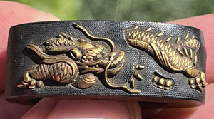 Rare Signed Edo Tsuba  Fuchi Dragon with Gold