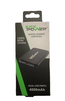 Kick Power Duel USB Ports 4000 Mah Quick Charge Power Bank, Black.