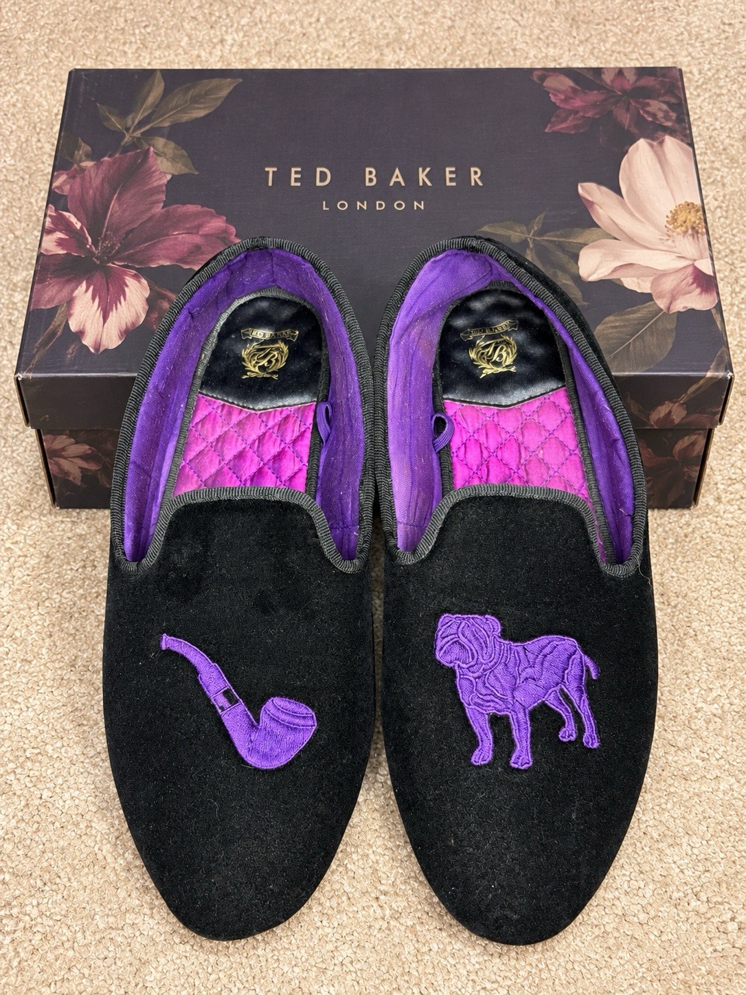 Ted Baker Men’s Black Velvet Slip-On slipper Loafers Embroidered Dog UK 8 EU 42