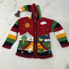 Grupo Colquetex Kids Size 8 100 Wool Full Zip Hooded Knit Sweater Cheerful Farm