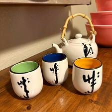 Japanese Ceramic Tea Set 8 oz Glazed Teapot w/ Lid Bamboo Handle 3 Cups