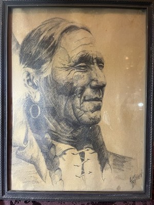 1940's Native American Indian Portrait Study Aged Profile Graphite Lee Brown