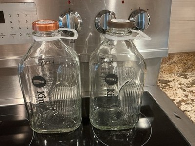 Half Gallon Heavy Glass Milk Juice Bottle Caps 64 Oz Jugs Handles Made In USA X2