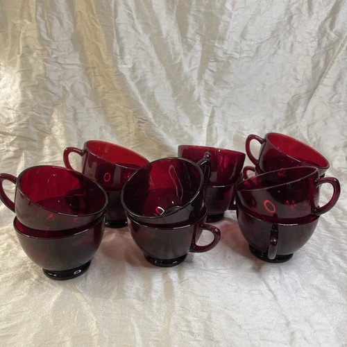 12 Ruby Red Anchor Hocking Vintage Red Glass Teacups