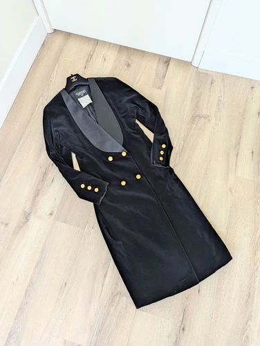 Cappotto lungo CHANEL vintage autunno 1988 campagna passerella velluto nero CC FR40