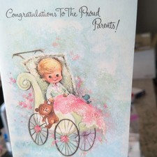 Vintage Unused BABY CARD BABY IN STROLLER; BEAR; BLUE BIRD; PINK QUILT  FLOWERS