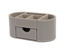 OSCO Grey Faux Leather Desk Organiser with Drawer | Desk Tidy | Pen Holder | Mak