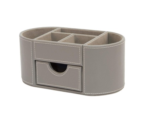 OSCO Grey Faux Leather Desk Organiser with Drawer | Desk Tidy | Pen Holder | Mak