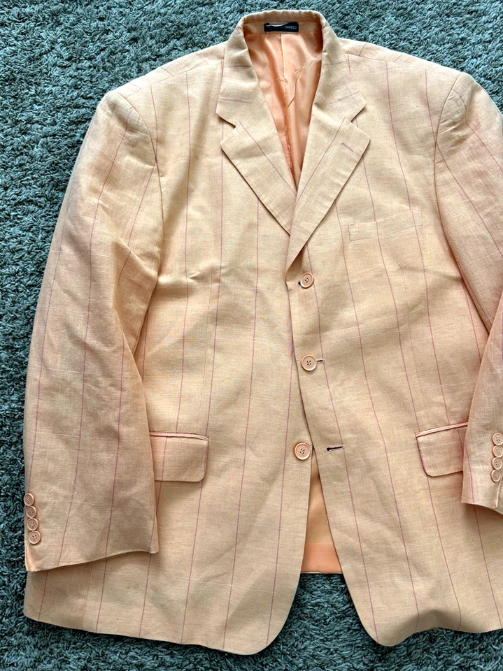 Пасхальный персиковый костюм куртка пальто мужская 48R льняная смесь в полоску 3 пуговицы Vitorio St. - Изображение 2 из 4