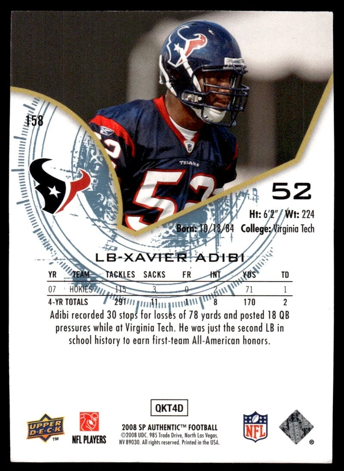 2008 SP Authentic Xavier Adibi Rookie /1399 Houston Texans #158 R82 - Image 2 of 2