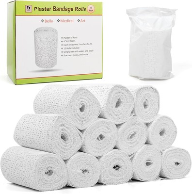 12pc Plaster of Paris Rolls - Fast Setting Gauze for Mache, Large, white 