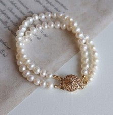 DOUBLE STRANDS SOUTH SEA AAA 5-6MM WHITE PEARL BRACELET 7.5-8 " 14K GOLD CLASP