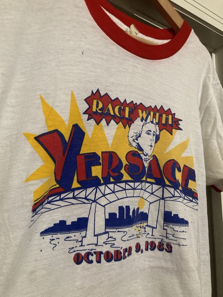 VTG 1983 Race With Versace Running Ringer Tee T Shirt Promo Designer Sample Rare