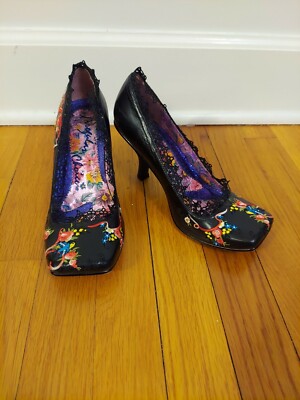 Irregular Choice Shoes - Black with Floral Embroidery square toe heel 