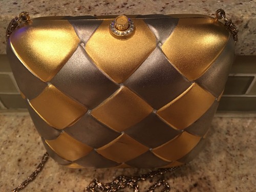 Vintage Carolyne Barton Metal Gold & Silver Square Evening Bag retro prom - Picture 2 of 5