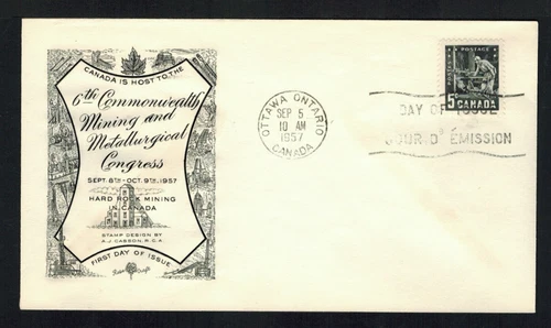 Canada #373, 1957 5¢ Mining, Rosecraft cachet FDC - raised thermal ink