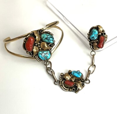Signed - Kee Tsosie, Navajo. Vintage Sterling, 12K GF Turquoise Slave Cuff /Ring