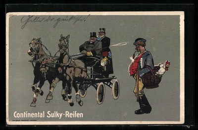 AK Reklame für Continental Sulky-Reifen, Dicke Männer auf einer Kutsche 1917 