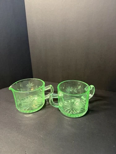 Hazel Atlas Uranium Green Etched Glass Creamer & Sugar Depression Glass 1930s