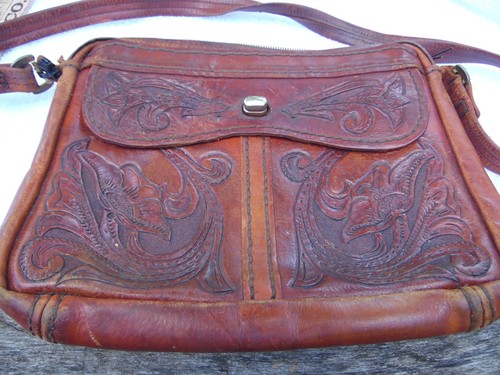 VTG Hand Tooled Saddle Brown Leather Western Floral Handbag Cowgirl, Hippie - Picture 7 of 13