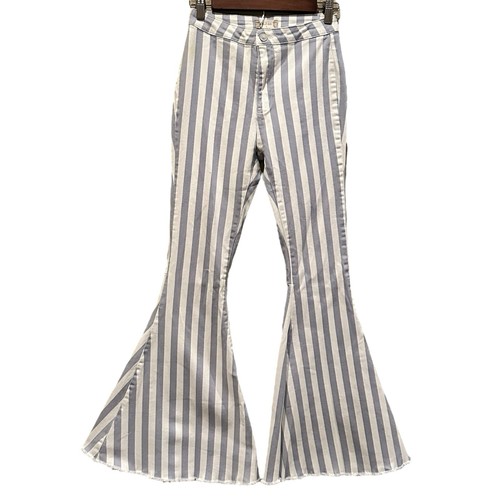 Altar'd State Blue & White Mid Rise Striped Flare Bell Bottom Raw Hem Small Jean - Picture 2 of 10