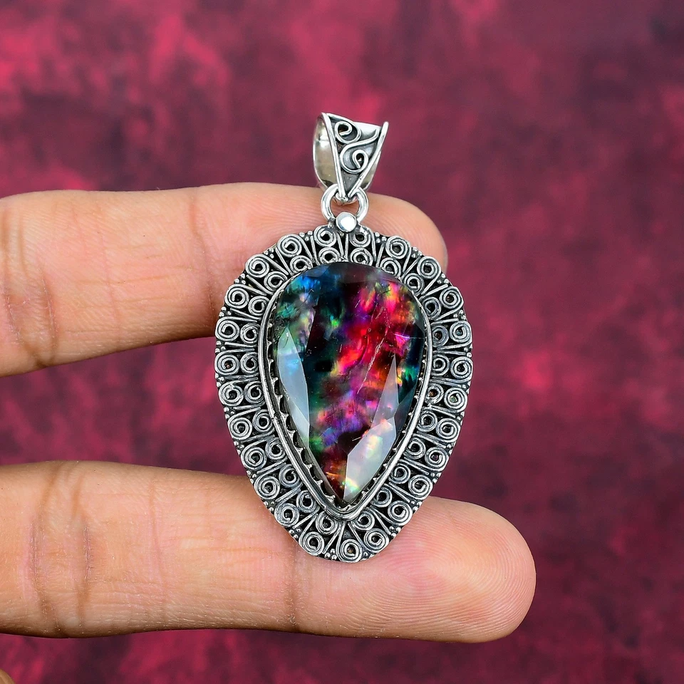 Gemas Ammolita Hechas a Mano 925 Steling Plata Joyería Colgante Amor Para Siempre Regalo Foto 3 de 4