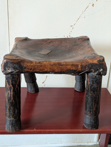 Antique Ethiopia Afar Tribe Leather Top Four Wood Legged Stool Beautiful Patina - Picture 2 of 12