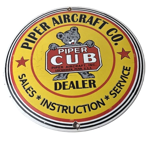 Vintage Piper Cub Aircraft Sign - Aviation Hangar Gas Airplane Porcelain Sign