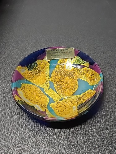 Vintage Art Glass Gold Decorative Plate Inlaid Precious Metals Riva Kalev Israel