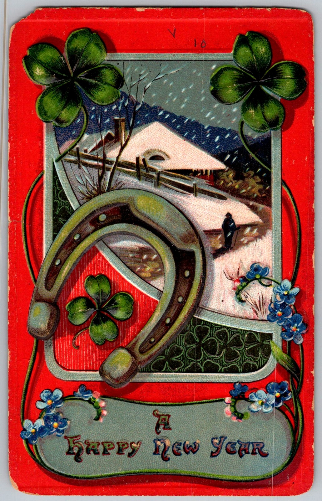 Antique Postcard Horseshoe Four-leaf Clover 1910s