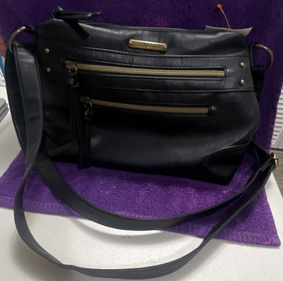 Stone & Co. Black Crossbody Bag Zip, Gold Hardware, Detachable Strap, Pockets