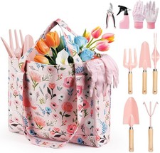 10Pcs Pink Garden Tool Set Heavy Duty Gardening Gifts for Women with Tote Bag