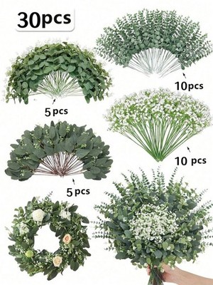 30 Pcs Green 1 Artificial Gypsophila Eucalyptus Bouquet For Wedding Decor
