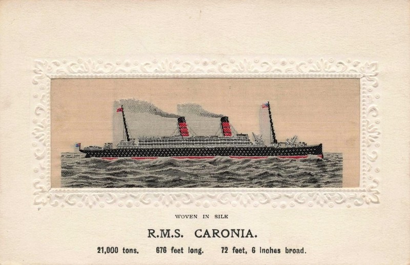 c1912 SILK Postcard CUNARD LINE R.M.S. CARONIA STEVENGRAPH IMAGE