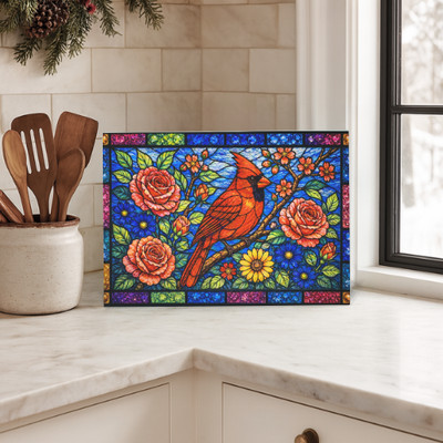   Cardinal Faux Stained Glass Design Cutting Board | 11''x8'' | Food Safe