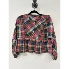 Veronica Beard Ruffle Plaid Multi Colored Metallic Blouse Size 2